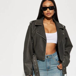 zara Moto Faux Leather jacket brown cropped